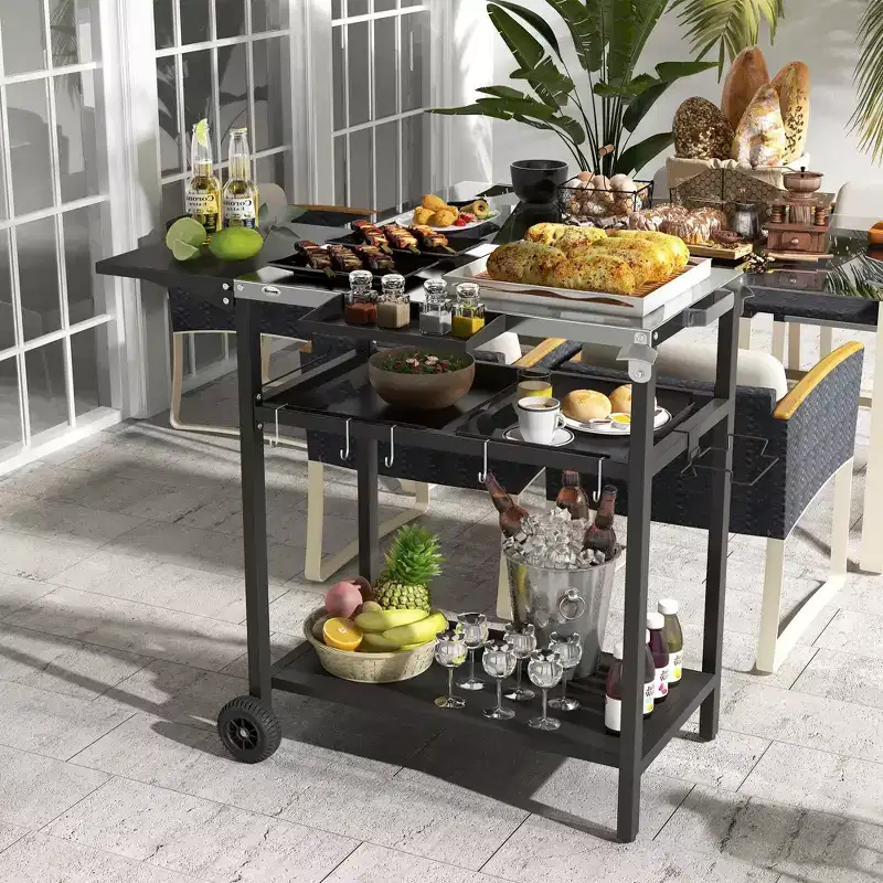 NAYSAYE Bar Serving Cart Outdoor Kitchen Island with Stainless Steel Top and Storage for Patio , Black, 48*24.4*33.1