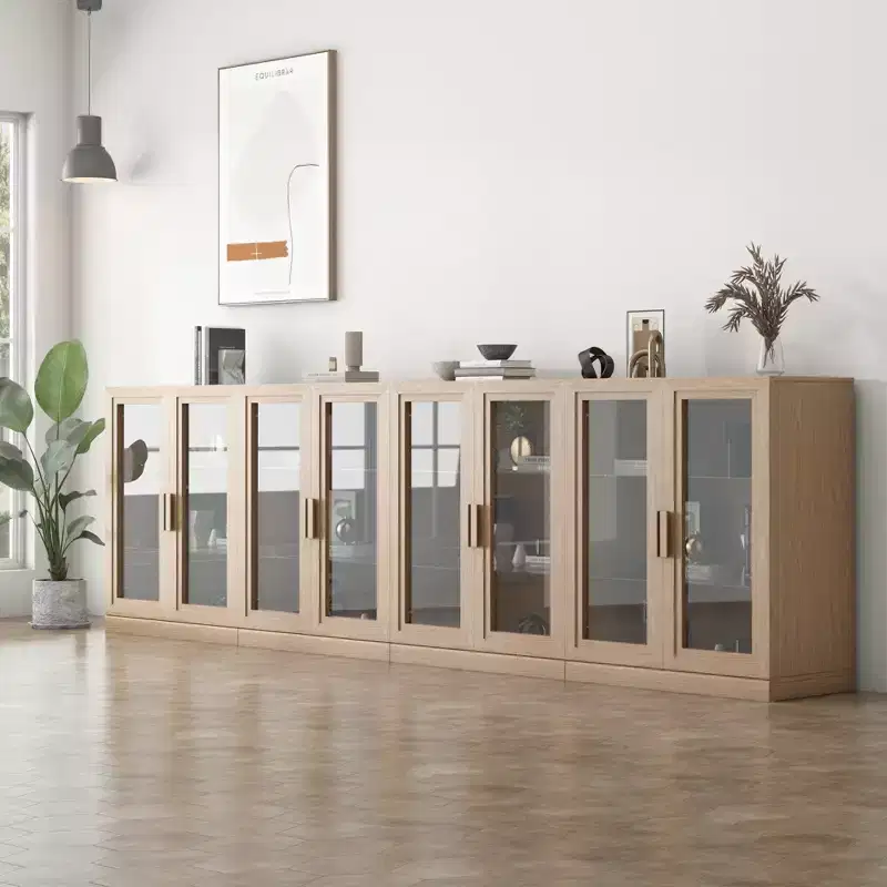 36x124x16 Wood Accent Cabinet, Storage Organizer with Adjustable Shelves and Glass Doors for Kitchen Bedroom Entryway Living/Dinning Room