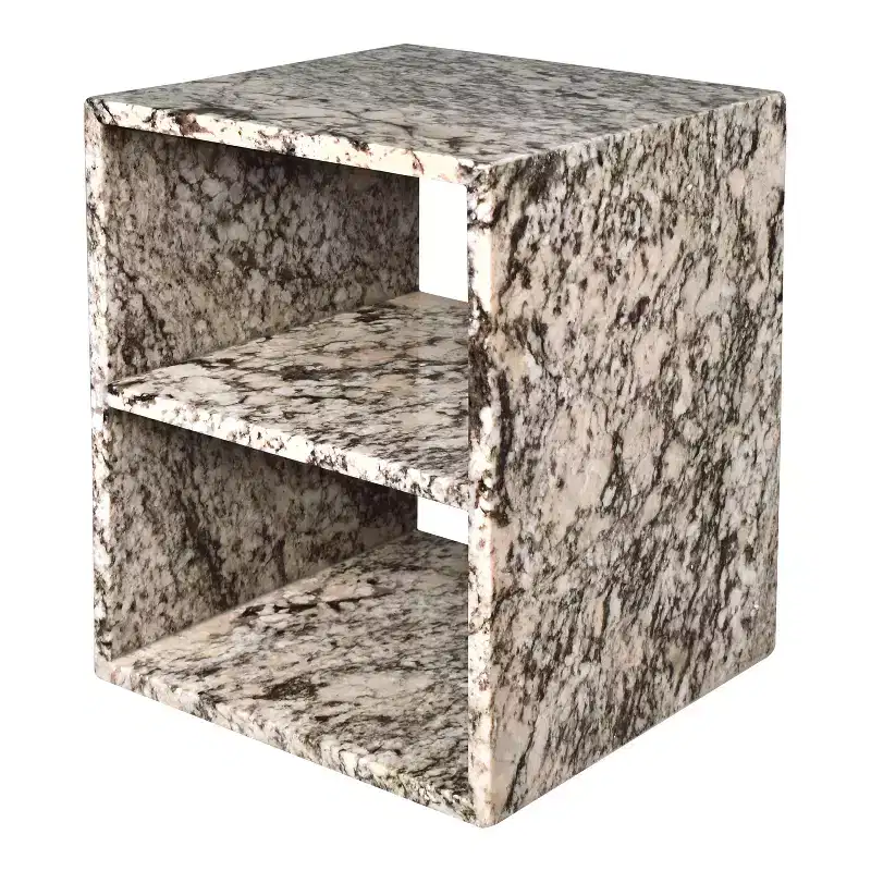 Natural Marble End Table with 2 Shelves, Handmade, Modern Square, 16