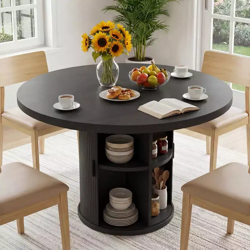 Dyonery 35 circular four-person dining table, a modern type with double-layer storage space and sliding doors