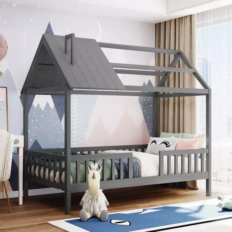 Twin Size Solid Wood House Bed Frame with Roof and Fence, Platform Bed for Kids Room