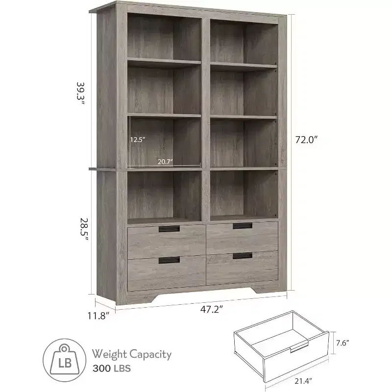 72 Tall Book Shelf with Storage, Farmhouse Floor Standing Bookcase,Book Shelf with 4 Drawers, Freestanding Display Storage Shelves for Home Offices