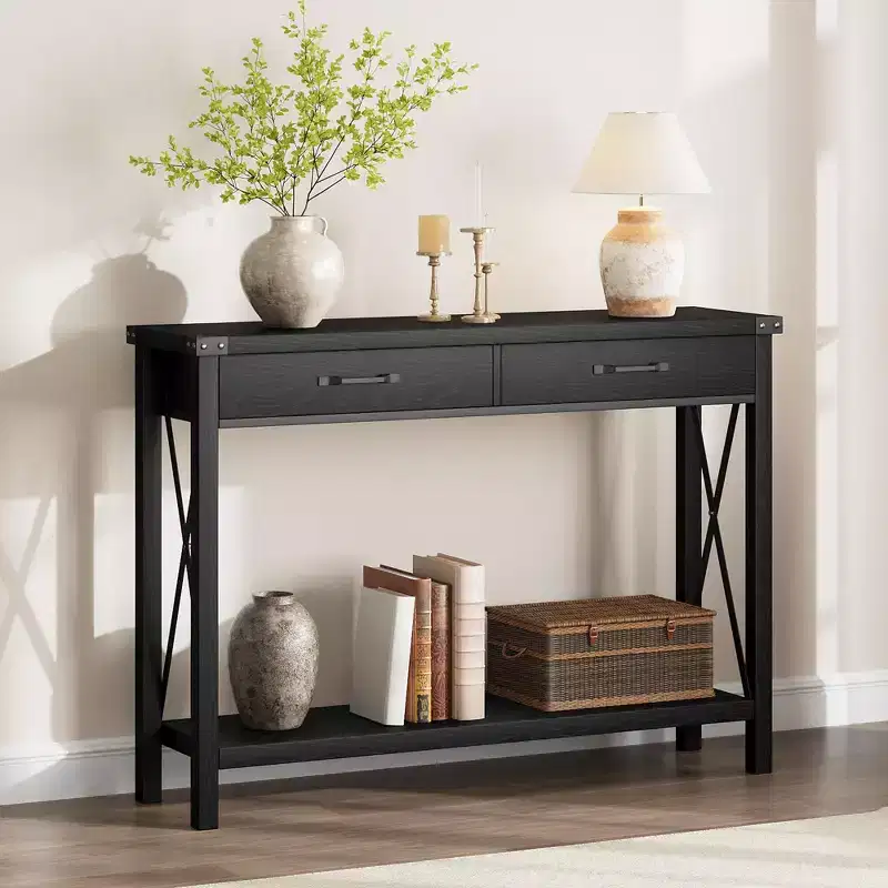 COZONY 43 Farmhouse Console Table with 2 Drawers & 2-Tier Storage Shelf  Narrow Wood Entryway & Sofa Table for Hallway & Living Room