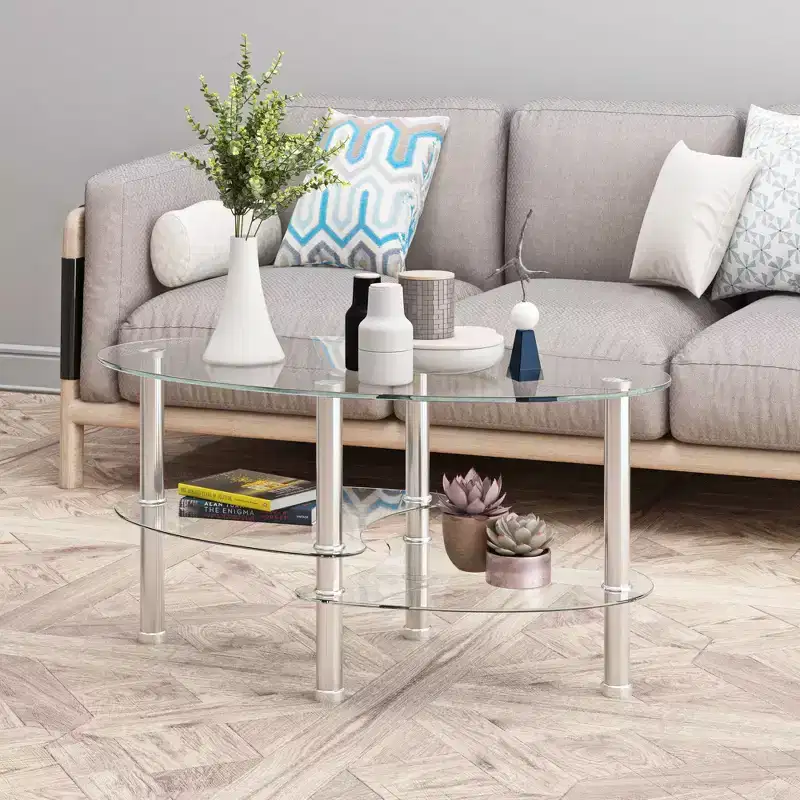 Oval Glass Coffee Table, Modern Cocktail Center Accent Table, Transparent/Black Top