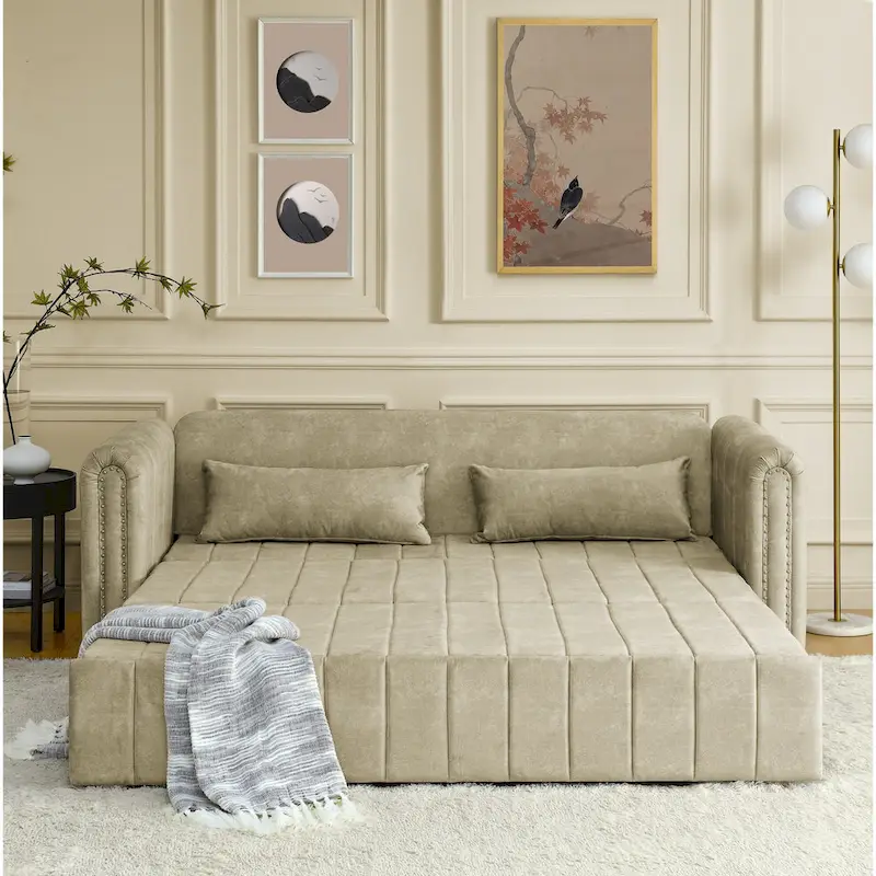 Modern 68 Foam 3 in 1 Pull-Out 3-seaters Bed Sleeper Sofa with Copper Nails and Two Drawers