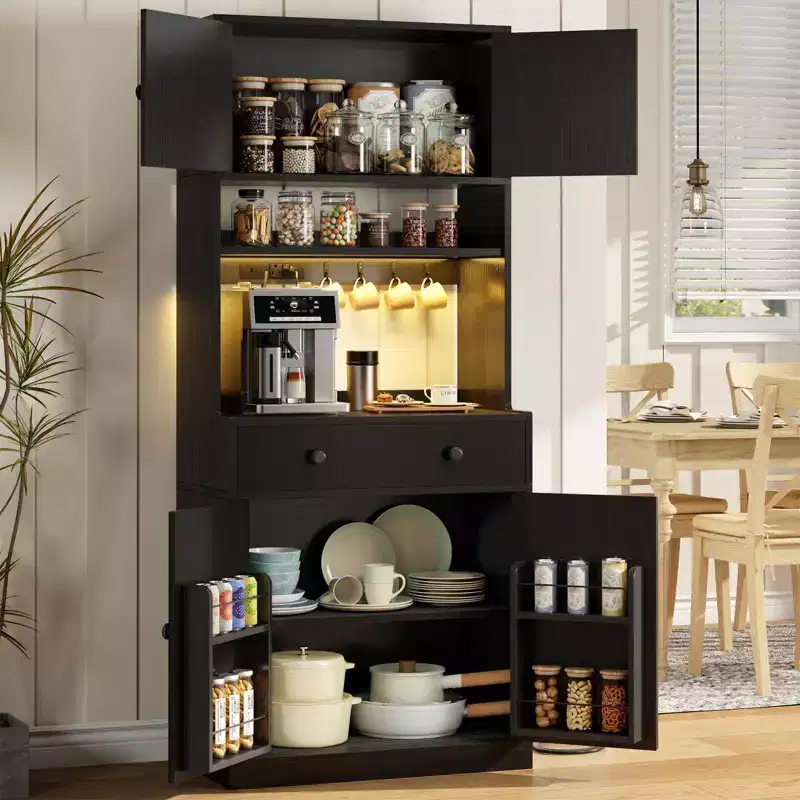 71 Inch Black Kitchen Pantry Storage Cabinet Farmhouse Freestanding Microwave Stand with Hutch Doors and Drawers for Dining Room and Coffee Bar Uses
