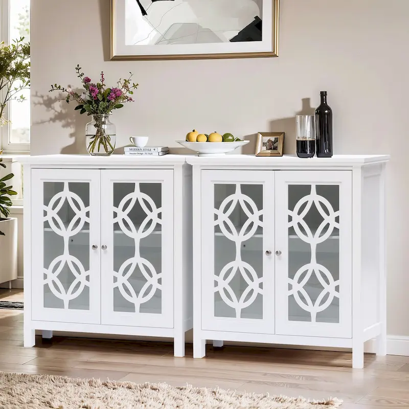 White Pine Wood 35.8 Wide Sideboard Cabinet with Glass Doors