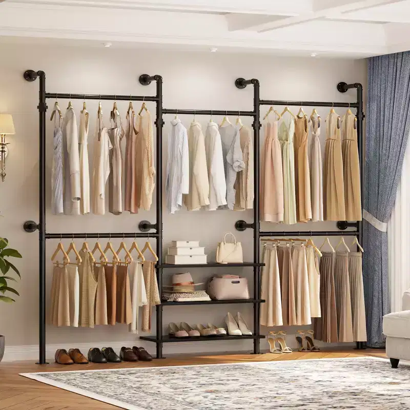 Industrial Pipe Clothing Rack, 7.3-10.9Ft Wall Mounted Closet System