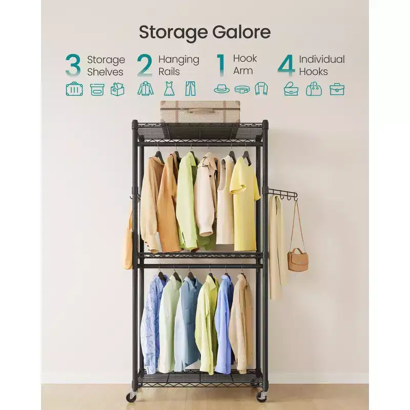 Garment Rack, Heavy-Duty Rolling Clothes Rack, Portable Closet Rack, 29.5-Inch Wide Clothing Rack on Wheels, Ink Black
