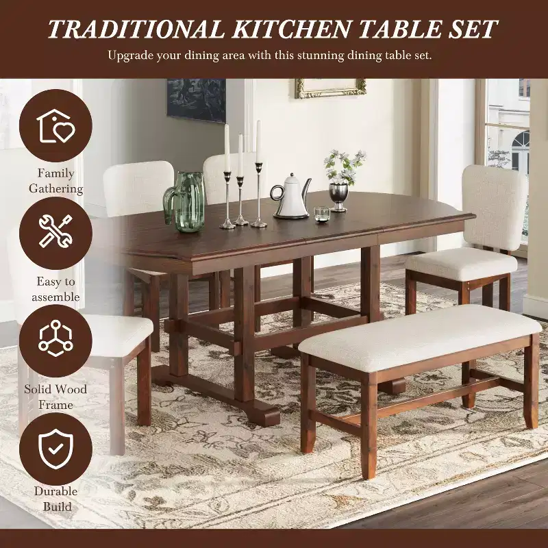 Extendable Dining Table for 6, Traditional Kitchen Dining Table, Espresso