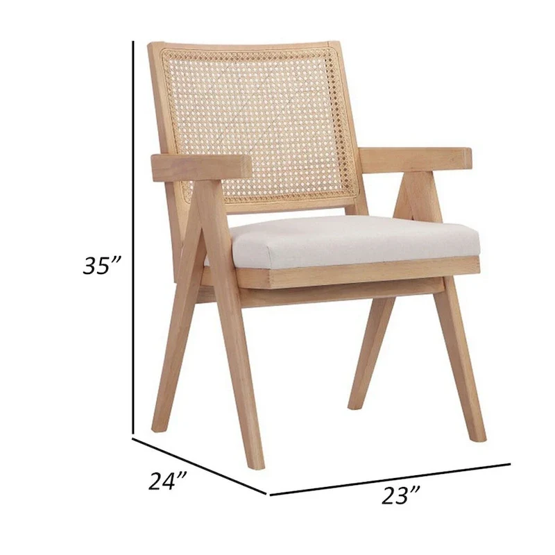 Isha 24 Inch Armchair with Cane Back, Off White Velvet, Brown Wood Frame