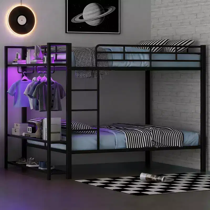 Luxystar Full Size Metal Bunk Bed with 3 Storage Mesh Shelves, 2 Clothes Hooks and LED