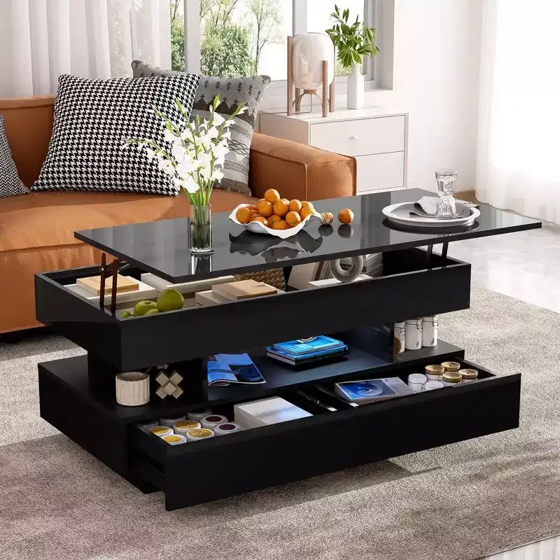 Modern Lift-Top Coffee Table, 2 Hidden Drawers in High Gloss Finish, Rectangle Multi-Functional Accent Center Table for Living Room