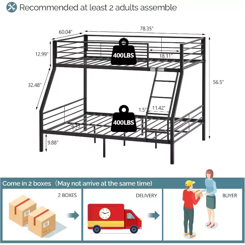 VINGLI Twin Over Full Bunk Bed for Kids/Adults with Stairs Flat Rungs, Heavy Duty Metal Slats, No Box Spring Needed, Black