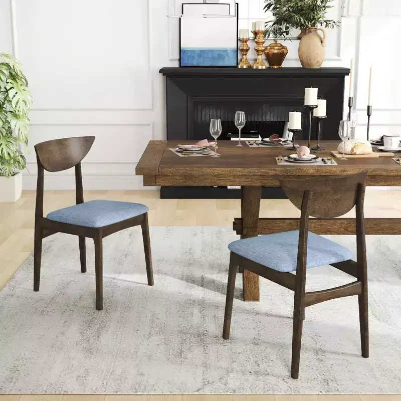 Costway 2PCS Wooden Dining Chair Linen Fabric Upholstered Kitchen Chairs w/ Padded Seat