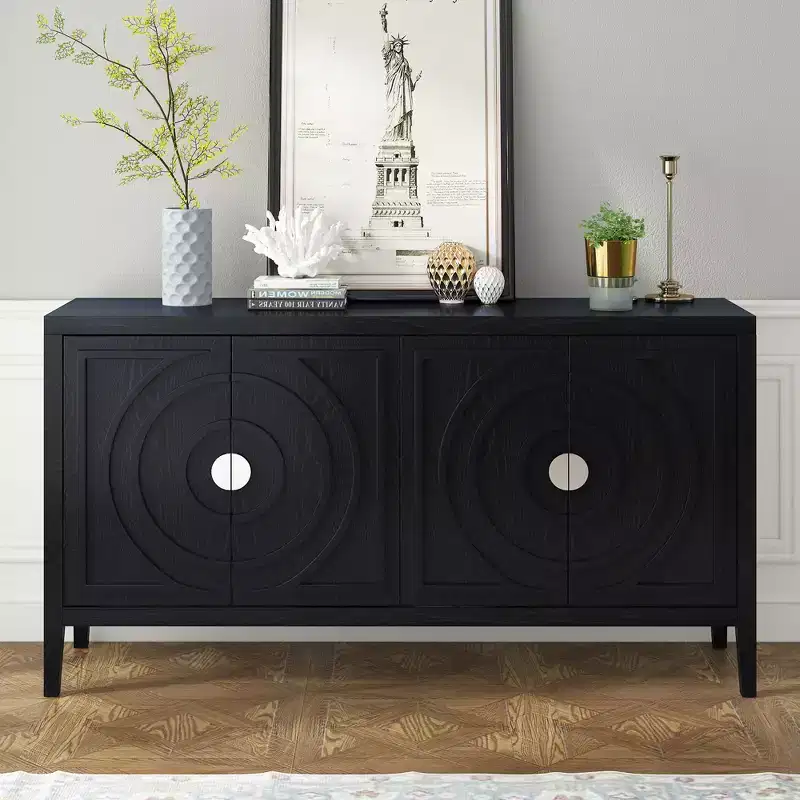 MAYEERTY Retro Sideboard Door with Circular Groove Design Round Metal Door Handle for Entrance Dining Room Black