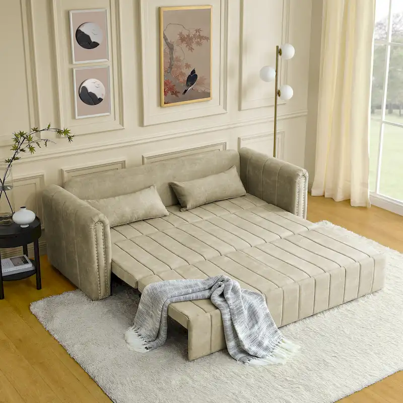 Modern 68 Foam 3 in 1 Pull-Out 3-seaters Bed Sleeper Sofa with Copper Nails and Two Drawers