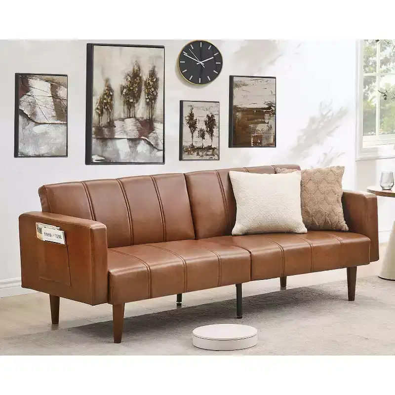 75 Futon Sofa Bed Mid-Century, PU Leather Convertible Sleeper Couch with Adjustable Backrest, Loveseat and Side Pockets for Living Room & Bedroom