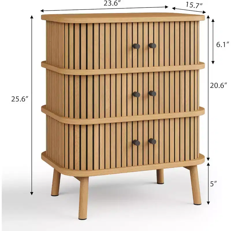 3 Drawer Dresser, Chest of Drawers for Bedroom, Spacious Storage Wicker Dresser with Matte Black Handles and Wood Legs for Closet, Hallway, Nature