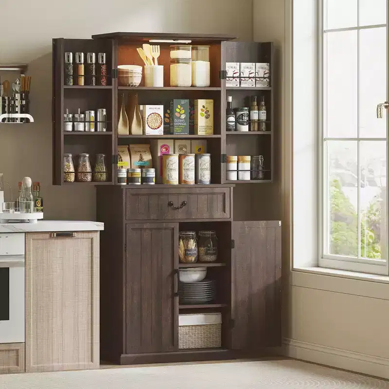 Wood Kitchen Pantry Cabinet with LED Light and Adjustable Shelves 71