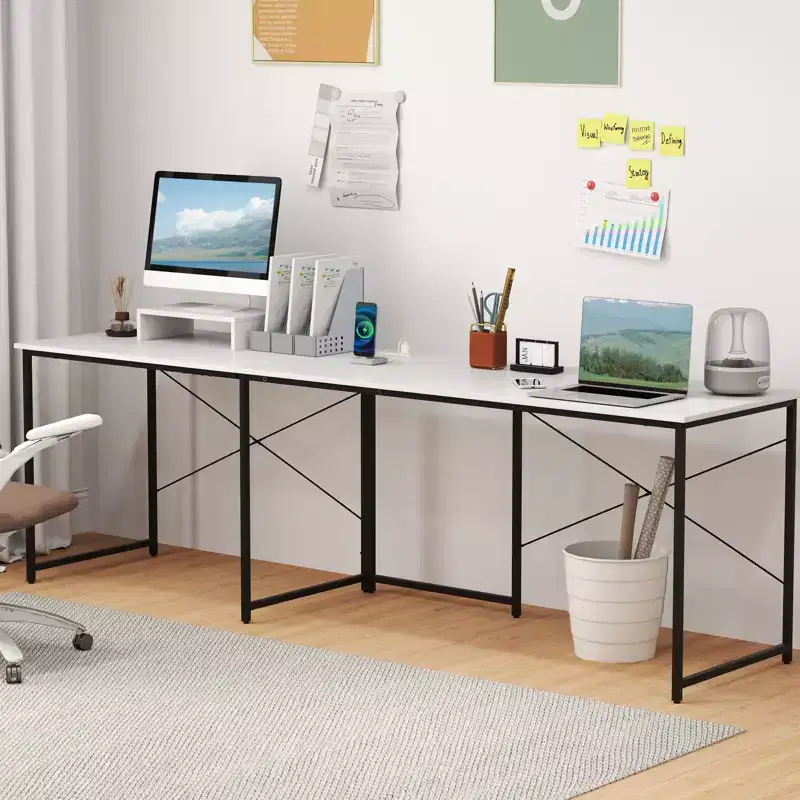 Costway L-Shaped Computer Desk with Power Outlets 95 Long 2-Person Desk with Monitor Shelf Modern Corner Desk Gaming Table with USB Ports White