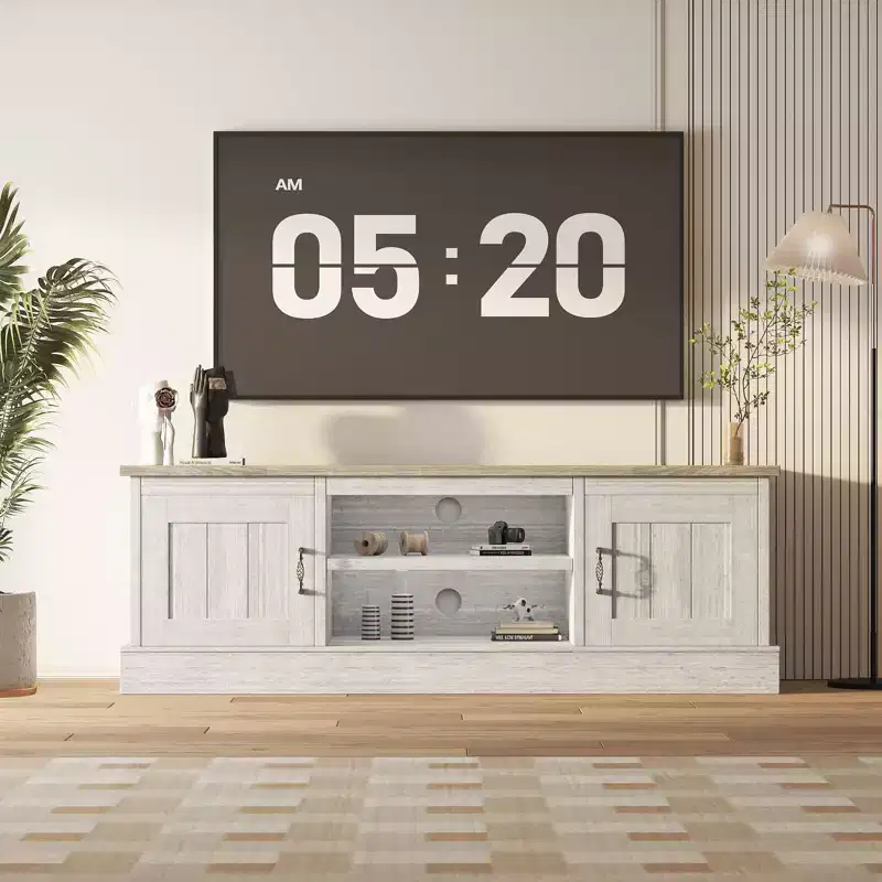 Farmhouse-style TV stand with storage cabinet, modern media console featuring rustic wood grain design, suitable for living rooms and home offices.