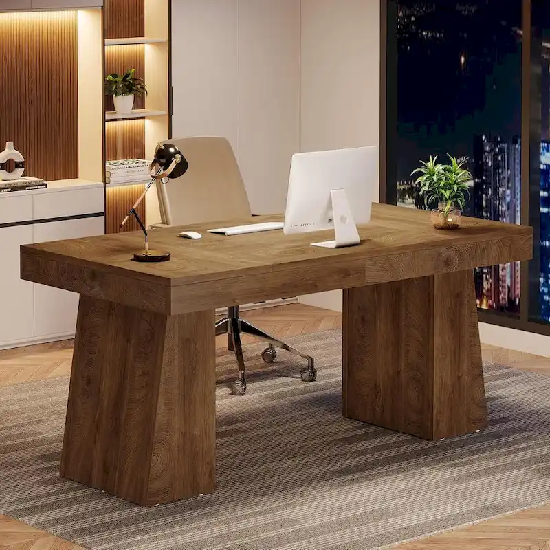 Brown Wood Mid-Century Executive Desk for Home Office