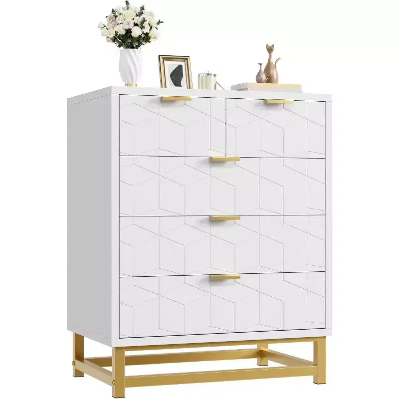 White 5-Drawer Dresser, Modern Style, Gold Legs & Handles