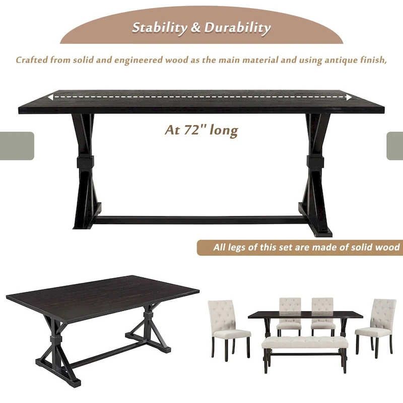 6-Piece Farmhouse Dining Table Set 72 Wood Rectangular Table, 4 Upholstered Chairs with Bench