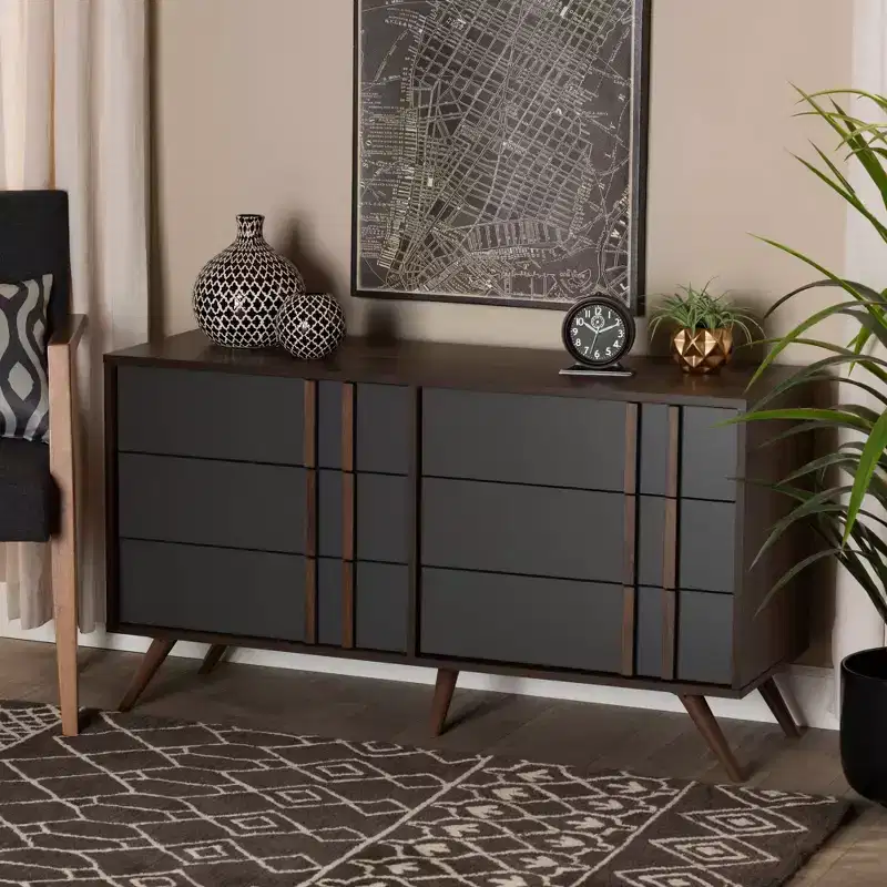 6 Drawer Wood Bedroom Dresser Gray/Walnut