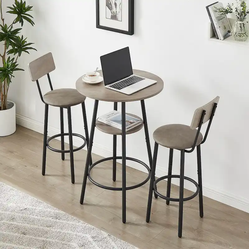 Grondin Industrial Style 3-Piece Round Bistro Pub Table Set with 2 PU Leather Bar Stools and Shelf, Counter Height Bar Table Set