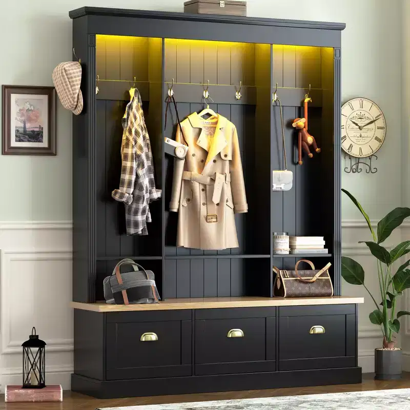 Smart LED Hall Tree with Storage Bench, Coat Rack Entryway Organizer with 9 Hooks & 3 Flip-Down Shoe Cabinets