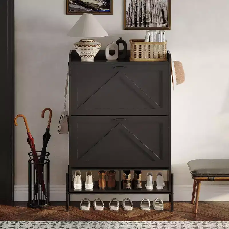 2-Drawer Shoe Cabinet, Freestanding Entryway Organizer with Flip-Up Doors, Metal Legs, Narrow Shoe Rack for Dry/Wet Separation Storage