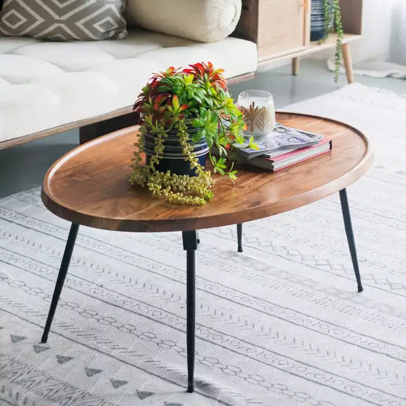 GDFStudio Noyes Acacia Wood and Iron Oval Coffee Table
