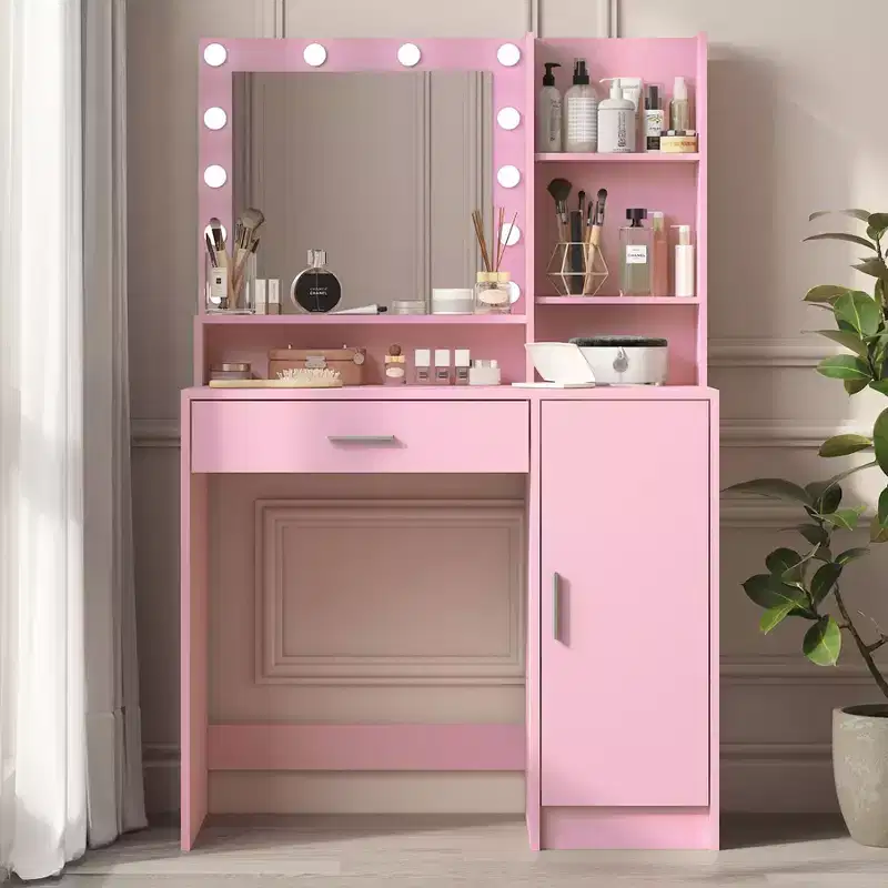 Modern Vanity Table with Mirror & Adjustable LED Lights, Large Dressing Desk with Three Level Storage, Makeup Table for Bedrooms