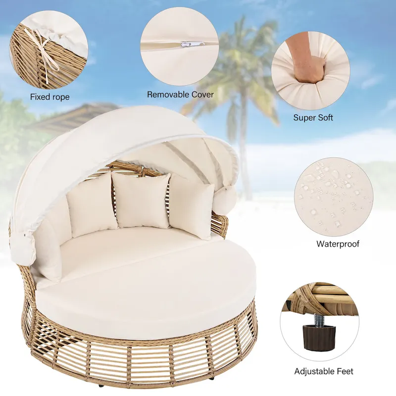 Roomfitters Outdoor Round Daybed, Patio Wicker Sofa with Retractable Canopy & Removable Cushions, Backyard & Porch, Beige