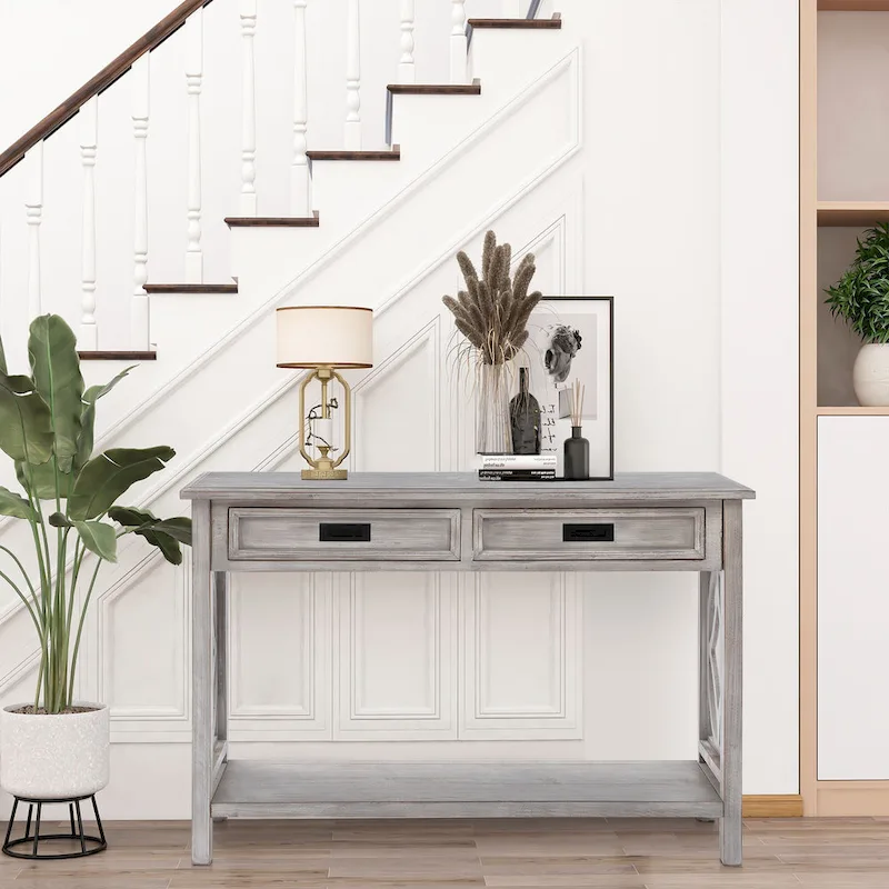2-Drawer 1-Shelf Console Table, Grey Washed Wood, 32.7