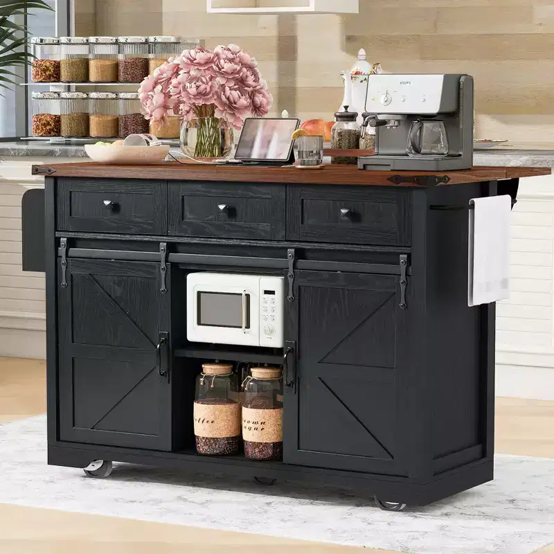 Farmhouse Kitchen Island with Power Outlet, 2 Sliding Barn Door Kitchen Storage Island with Drop Leaf, Rack Rolling Kitchen Cart on Wheels
