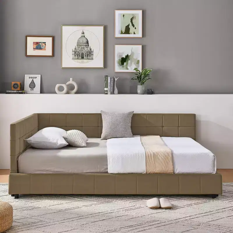 Okak Full Size Upholstered Tufted Bed Frame, Sofa Bed Frame with Comfortable Backrest and Armrests, Full Size Bed for Bedroom, Living RoomBrown