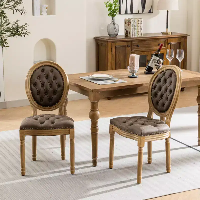 CLIHOME Set of 2 French Style Solid Wood Frame Antique Painting Accent Chairs, PU Artificial Leather Dining Chairs