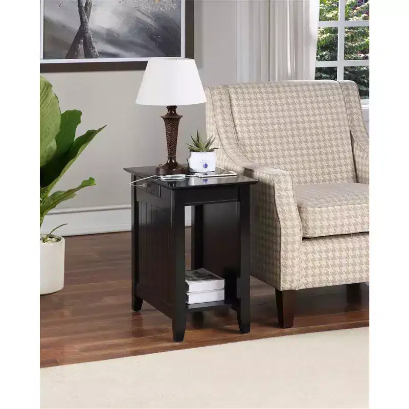 Rectangle Wood End Table with Built-In Charging Station, 2 Outlets & 2 USB Ports, Black