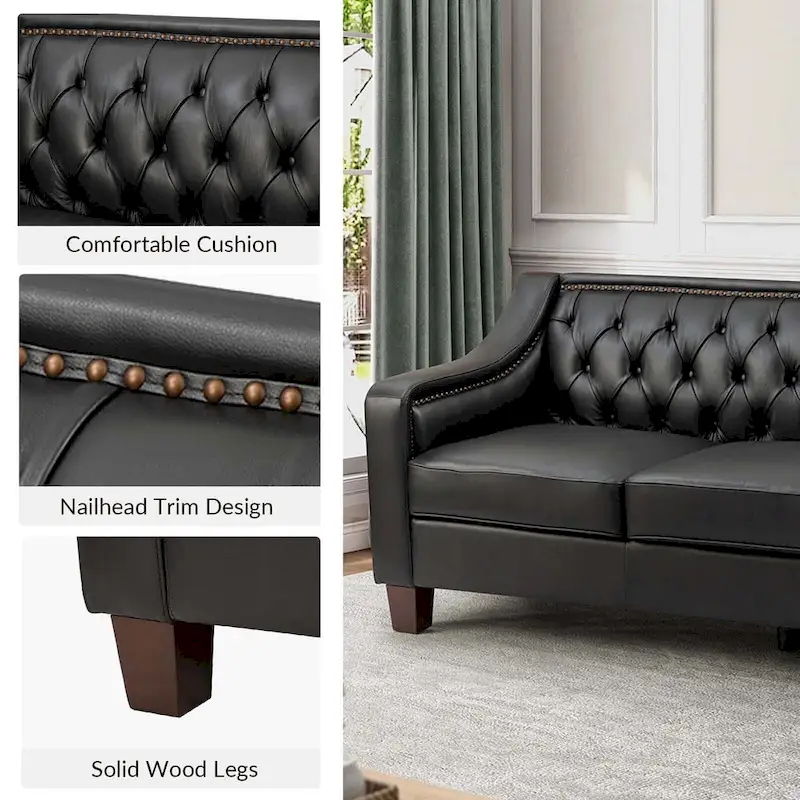 Mateo 82.28 Wide Transitional Genuine Leather Sofa with Nailhead Trim and Button-Tufted Back