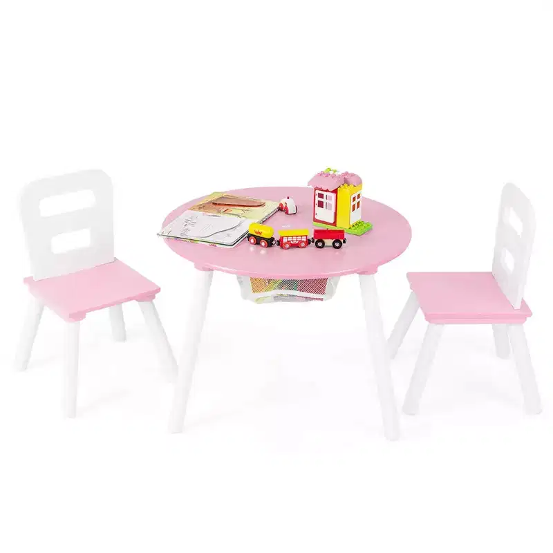 Costway Kids Wooden Round Table & 2 Chair Set w/ Center Mesh Storage White\Blue\Dark Blue\Pink\Purple
