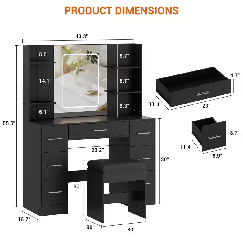 Makeup Vanity Desk with LED Mirror, 7 Drawers, Power Outlet & Stool