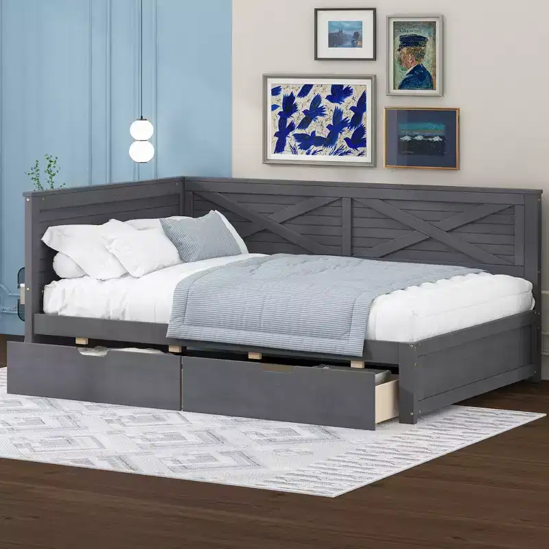 Twin Size Daybed Frame with Storage Drawers, Farmhouse L Shaped Corner Daybed Bed for Bedroom, Grey
