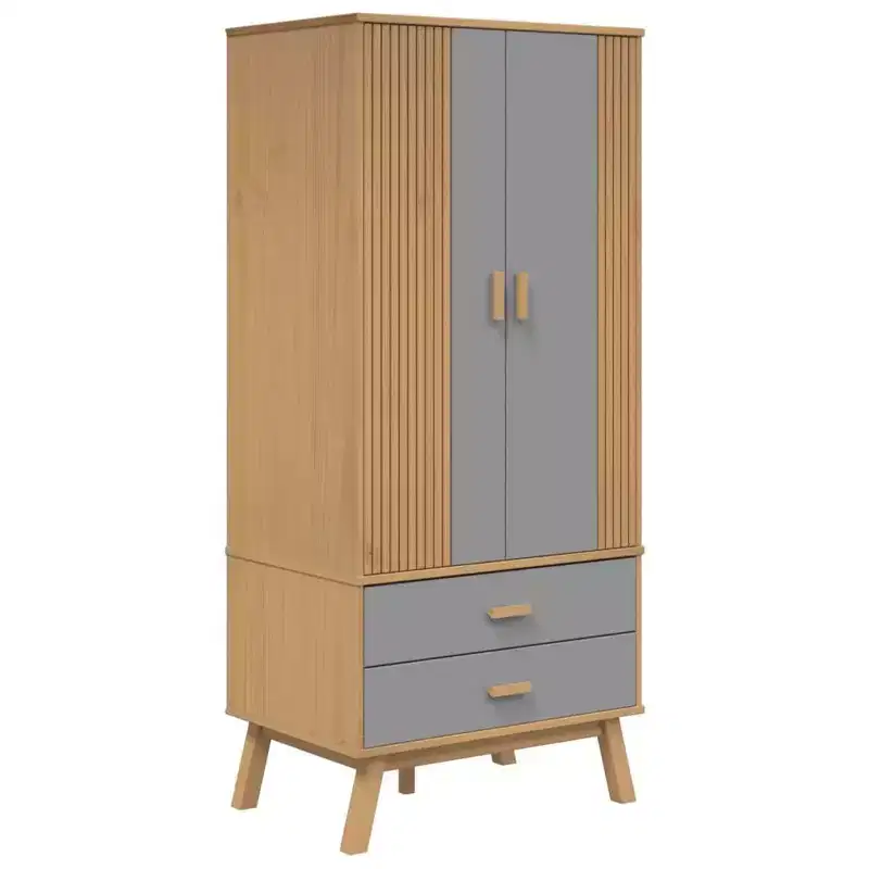 Wardrobe in Grey and Brown - Solid Pine Wood and Engineered Wood