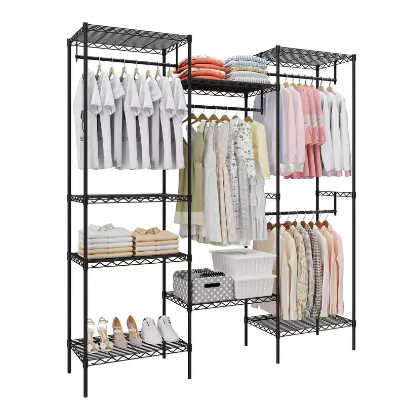 Metal Freestanding Clothing Organizer, Clothing Rack Heavy Duty Clothes Rack with 8 Shelves & 4 Hang Rods, Adjustable Closet Rack