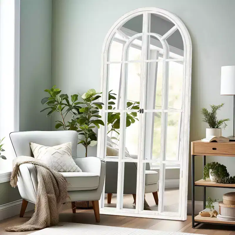 PexFix 71 in. x 32 in. Classic Arched Solid Wood Solid Wood Window Pane Full Length Mirror Arched Top Rectangle Freestanding White