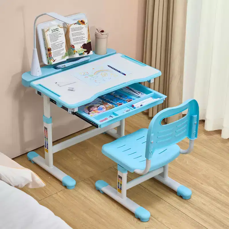 VEVOR Kids Study Chair and Desk Set, Study Desk and Chair with Table Lamp, Adjustable Height & 0-40 Tilted Desktop Kids Desk and Chair, Blue