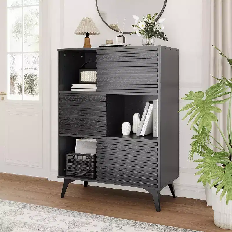 Modern Accent Cabinet with Doors and 3-Tier Storage Cabinet, Wooden Buffet Display Stand with Strong Legs for Living Room, Dining Room, Kitchen